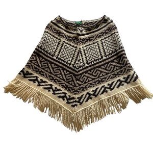 United Colors of Benetton 100% Wool Cape Poncho Brown Cream Excellent Condition